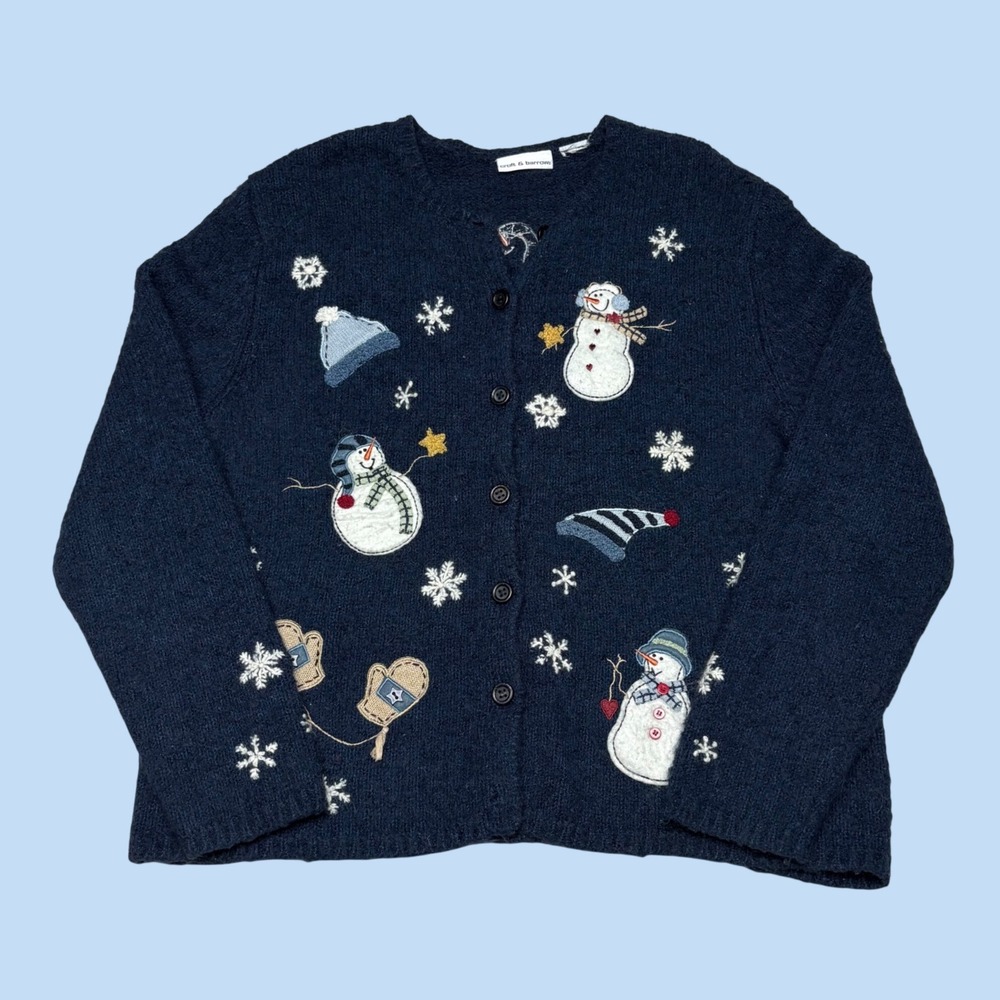 Croft & Barrow Navy Blue Snowman Embroidered Holiday Button Cardigan Sweater